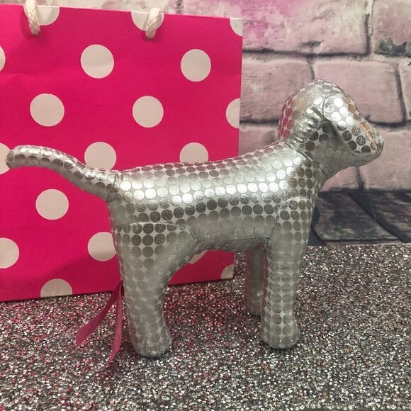 PINK Victoria's Secret Silver Metallic Polka Dot Plush Dog - Picture 3 of 4